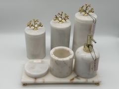 Beyaz-Gold 4'lü Mermer Banyo Seti