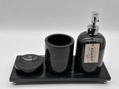 Siyah-Gümüş 4'lü Mermer Banyo Seti