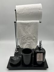 Siyah-Gümüş 4'lü Mermer Banyo Seti