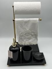 Siyah-Gold 4'lü Mermer Banyo Seti