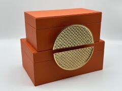 Turuncu Hasır Desen 2'li Deri Kutu